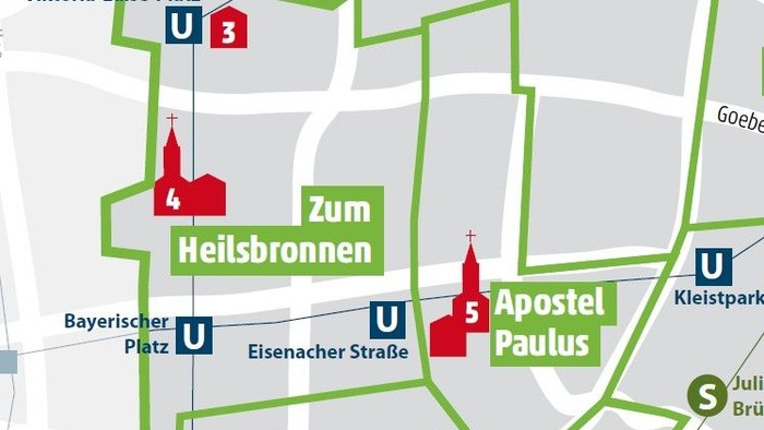 Ein Abschnitt einer Münchner U-Bahn-Karte mit den Linien U3, U4 und U5, der wichtige Stationen wie Viktoria-Luise-Platz, Heilsbronnen und Apostel Paulus hervorhebt.