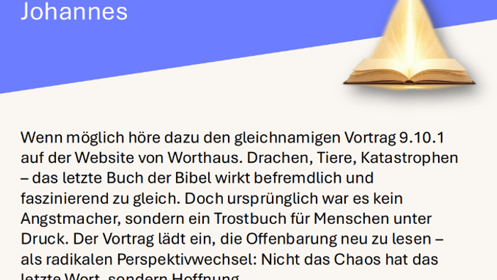Einladung zu einer Worthaus-Diskussionsveranstaltung zum Buch der Offenbarung mit einem Vortrag und QR-Code-Link.
