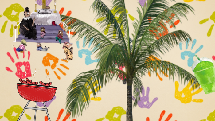 Farverigt håndaftrykskunst pynter en tropisk scene med et palmetræ, grill og strandfest-elementer.