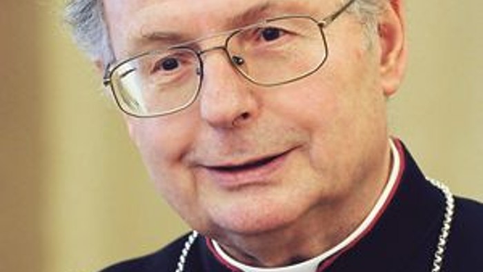 Ein Geistlicher in liturgischer Kleidung mit Brille und einem rosa Zucchetto, der sich formell in Pose stellt.