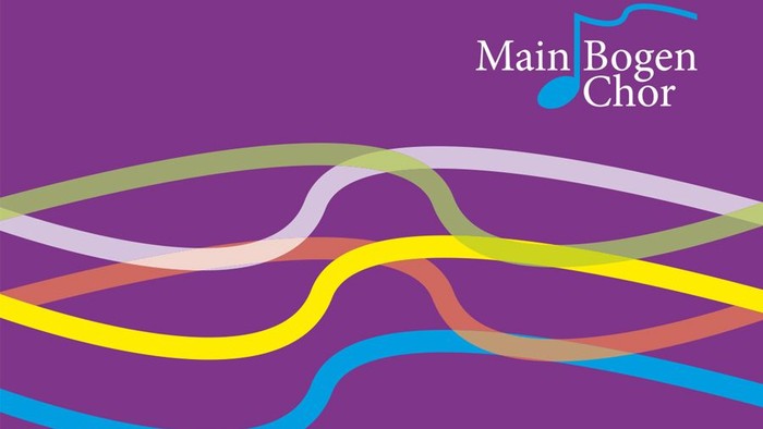 Logo für den Main Bogen Chor mit musikalischen Noten und lebendigen abstrakten Wellenmustern auf violettem Hintergrund.