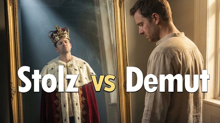 Ein Mann betrachtet sein königliches Spiegelbild im Gegensatz zu seinem bescheidenen Ich in einem Spiegel, was Stolz gegenüber Demut symbolisiert.