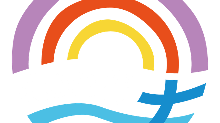 Buntes Logo mit Regenbogenbögen, dem Text „Konfi“ und einem stilisierten Wellen-Design darunter.