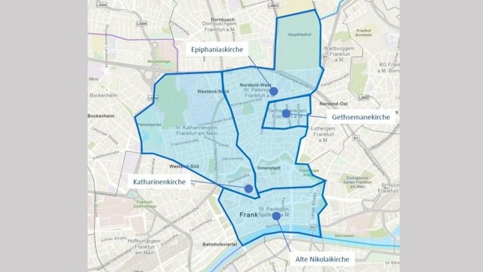 Stadtplan mit Kennzeichnung der 4 Gemeindegebiete und Kirchen
