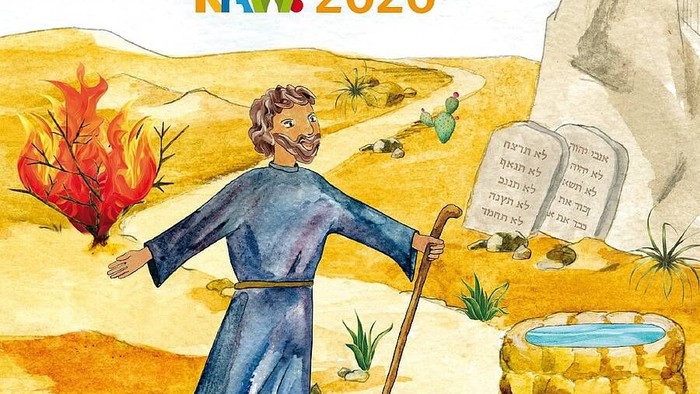 Illustration von Mose, der in der Wüste mit dem brennenden Dornbusch und den steinernen Tafeln geht, beschriftet mit *„Mensch, Moses – beweg dich!“* für RKW 2026.