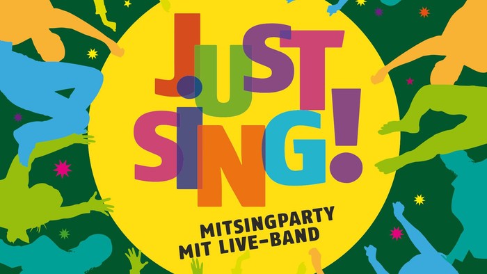 Bunter Mitsingparty-Musikerkreis mit Live-Band und farbenfrohen Silhouetten