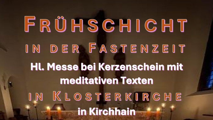Plakat wirbt für Kerzenlicht-Fastenmessen mit meditativen Texten in der Klosterkirche, Kirchhain am 25. Februar, 11. und 25. März um 6:30 Uhr.