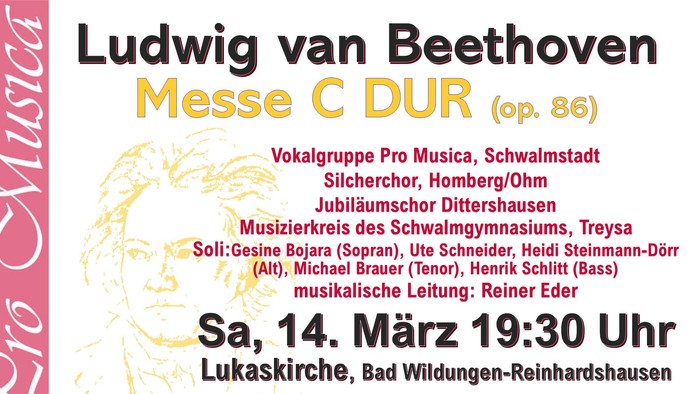 Plakat für Aufführungen von Beethovens „Messe in C-Dur“ mit Vokal- und Instrumentalensembles am 14.–15. März.