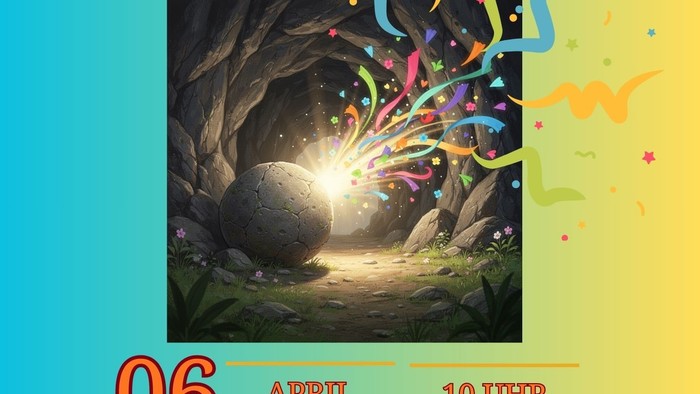 Familien-Ostergottesdienst-Plakat mit buntem Konfetti, das eine lebendige Osterillustration und Veranstaltungsdetails zeigt.