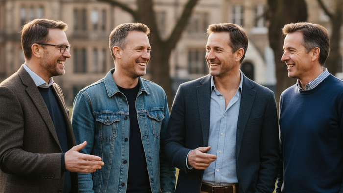 4 Männer stehen zusammen und unterhalten sich