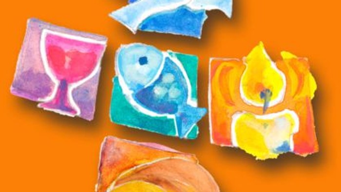 Bunte, farbenfrohe Papierschnipsel auf orangenem Hintergrund