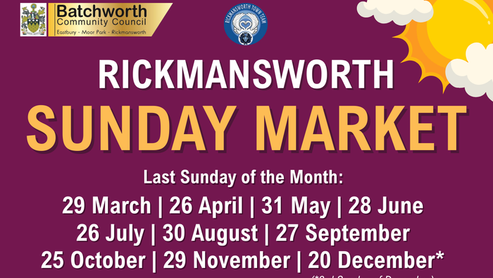 Rickmansworth Sunday Market poster listing dates, times, and local community event details with floral decorations.