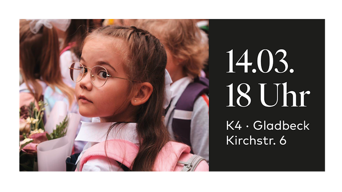 Veranstaltungsankündigung für eine Schulfeier am 14. März um 18 Uhr in der Kirchstraße 6, Gladbeck.