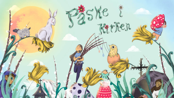 En festlig påskeillustration med dyr, æg og barn, med teksten