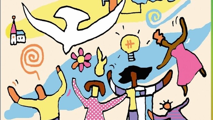 Gemeindebrief-Titelblatt für die evangelische Kirche in Gießen Nord mit bunten Illustrationen von Menschen, die kommunizieren und feiern.