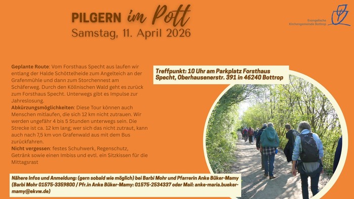 Wanderveranstaltung: Pilgerwanderung über 12 km in Bottrop am 11. April 2026, Start am Forsthaus Specht.