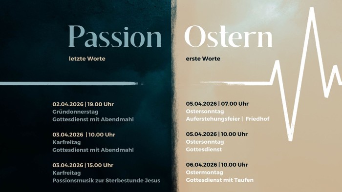 Oster- und Passionswochen-Gottesdienstplan mit Daten, Uhrzeiten und Veranstaltungsbeschreibungen auf Deutsch.