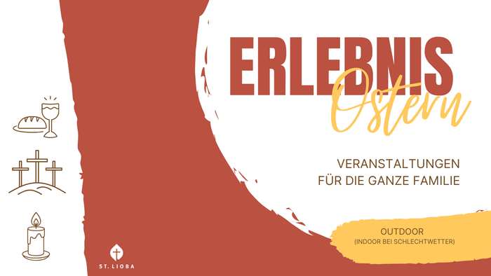 Osterveranstaltungsplakat, das Familien zu Outdoor-Aktivitäten einlädt, mit Indoor-Alternativen bei schlechtem Wetter.