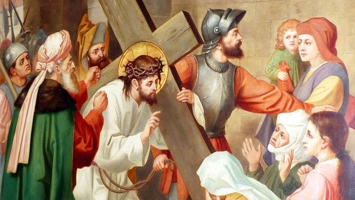 Eine religiöse Darstellung von Jesus, der das Kreuz trägt, mit Zuschauern und Soldaten während seiner Kreuzigung.