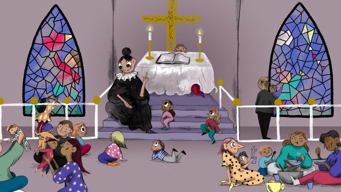 Farverigt tegneserieagtigt kirkebillede med børn samlet, der fejrer en festlig dåbsceremoni med en præst.