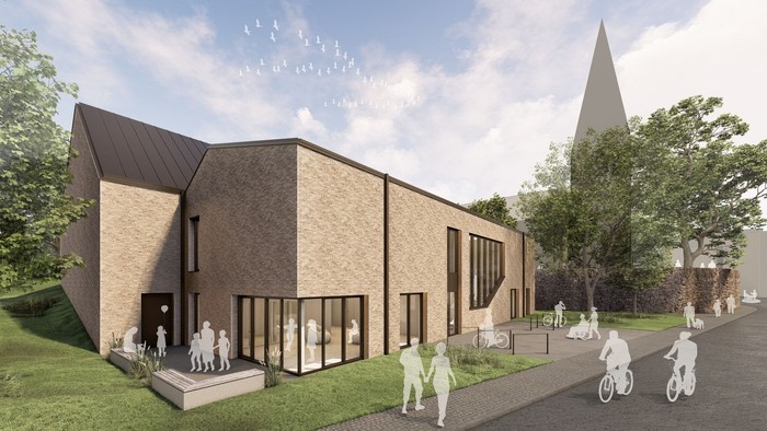 Dargestellt wird eine Skizze des geplanten neuen Gemeindehauses.