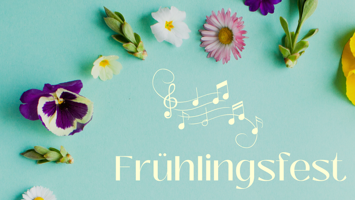Bunte Blumen auf hellblauem Hintergrund mit Musiknoten und Text 