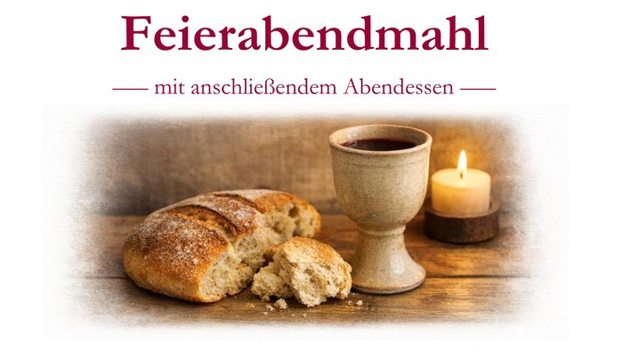 Einladungskarte für ein Abendessen und Abendmahl am Karfreitag mit Details zur Kirchengemeinde.