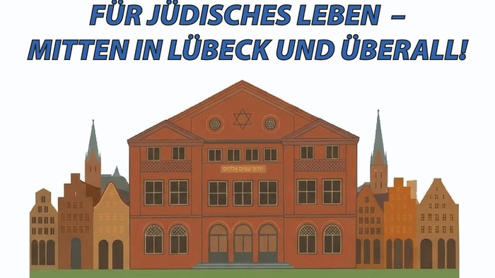 Werbekampagnen-Grafik für jüdisches Leben in Lübeck und darüber hinaus, mit einer Synagoge und einem QR-Code für weitere Informationen.