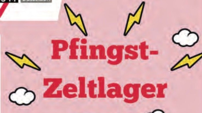 Plakatwerbung für ein Pfingst-Zeltlager 2026 mit Superhelden-Thema für Kinder und Blitzgrafiken.