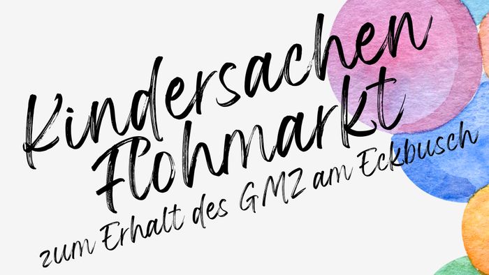 Flohmarkt-Flyer für Kinderartikel, Kleidung, Spielzeug, Bücher und Essen im GMZ am Eckbusch am 26. April 2026.
