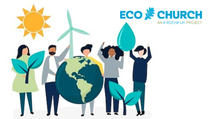 People holding globe with eco symbols, promoting environmental awareness.