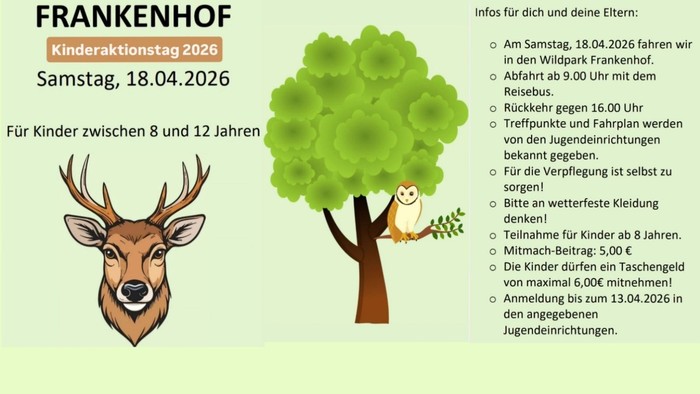 Grüner Hintergrund, ein Bild von einem Hirsch und ein Baum mit Eule. Titel: Frankenhof, Kinderaktionstag 2026. Ablaufplan