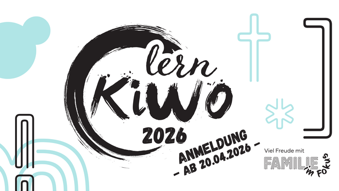 Ankündigungslogo für die Veranstaltung „lern KiWo 2026“ mit Anmeldedetails und familienfreundlichem Fokus.