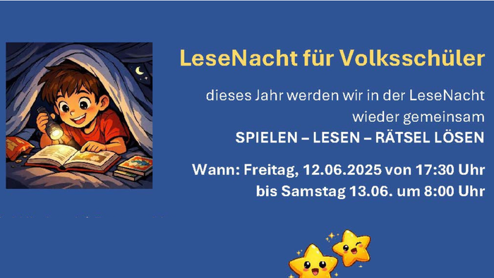**Einladung zur Vorlesenacht für Grundschüler mit Spielen, Lesen und Rätseln am 12. Juni 2025.**