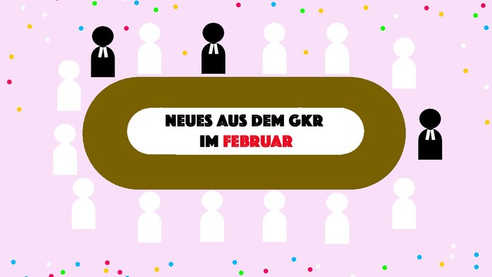 Neues aus dem GKR im Februar mit bunten Konfettipunkten und Personenfiguren