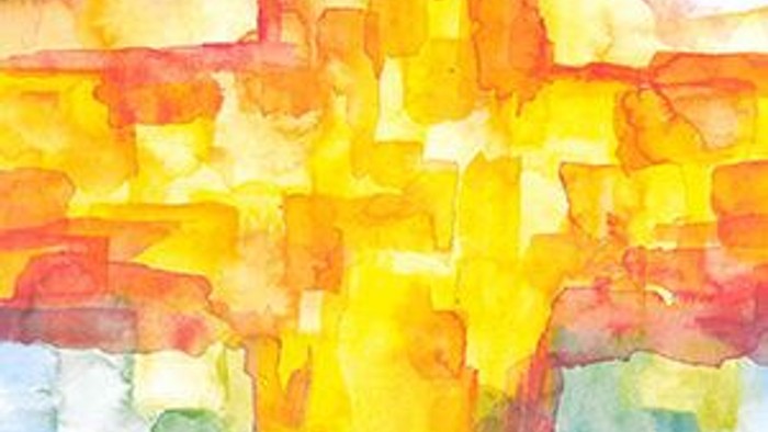 Ein abstraktes Gemälde mit gelben und orangen Farbtönen auf einem weißen Hintergrund