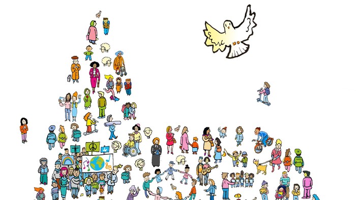 Vielfältige Menge bunter Cartoon-Figuren versammelt sich friedlich mit einer Taube, die Einheit symbolisiert, darüber.