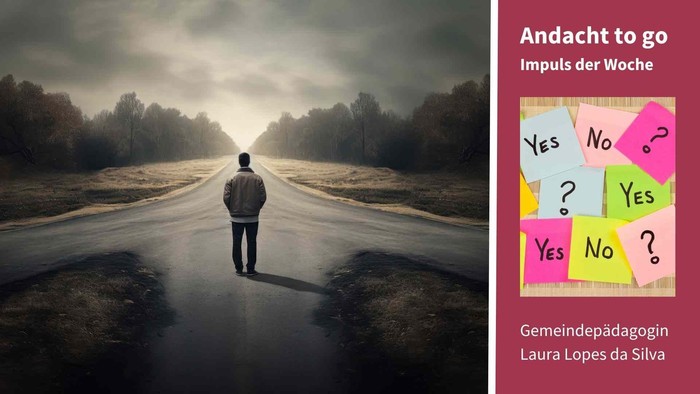 Eine nachdenkliche Gestalt steht an einer Weggabelung, im Hintergrund bunte Haftnotizen mit den Aufschriften „Ja“ und „Nein“.