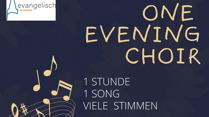 Blaues Plakat mit Noten drauf und Werbung für das Projekt 1 Stunde 1 Song Viele Stimmen