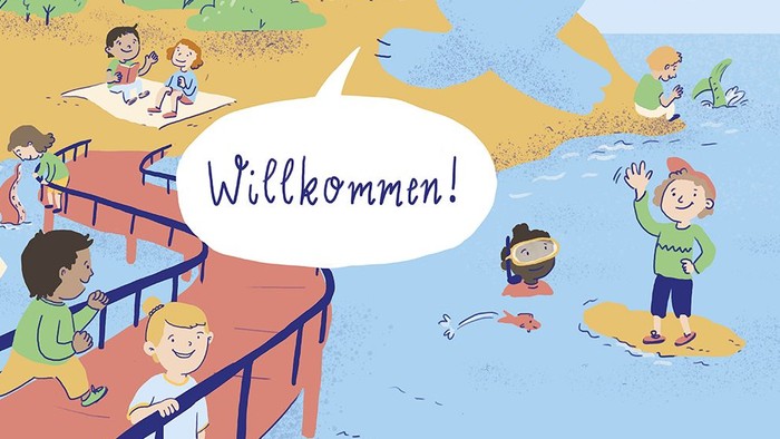 Kider spieen auf einer Insel.