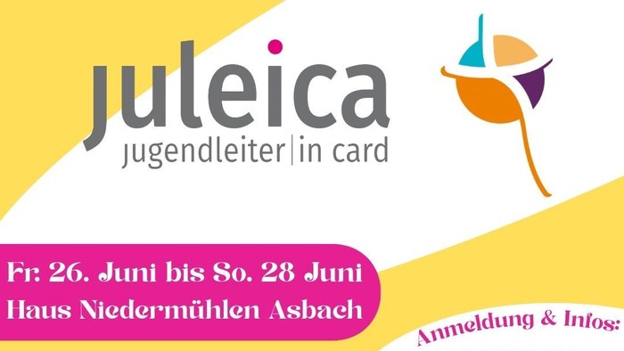 Veranstaltungsflyer für Juleica-Kurse im Juni und September mit Anmeldeinformationen und Kosten für Jugendleiter\*innen.