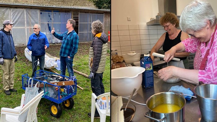 Personer, der arbejder i have og andre, der bager i køkken