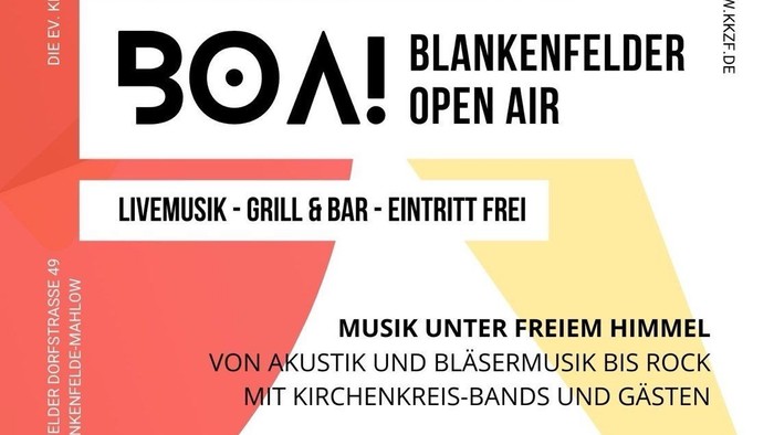 Poster für das BOA! Blankenfelder Open Air 2025 mit Live-Musik, Grill & Bar, Eintritt frei, am 20. Sep 2025