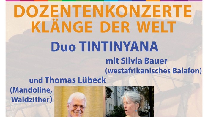 Plakat für ein kostenloses Weltmusik-Konzert des Duo Tintinyana mit afrikanischer, italienischer und amerikanischer Musik am 19. April.