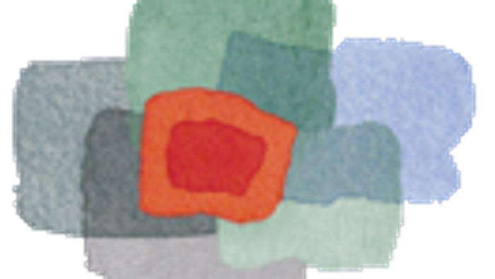 Das Bild zeigt eine rote Form vor einem Hintergrund aus überlappenden grünen und blauen Formen.