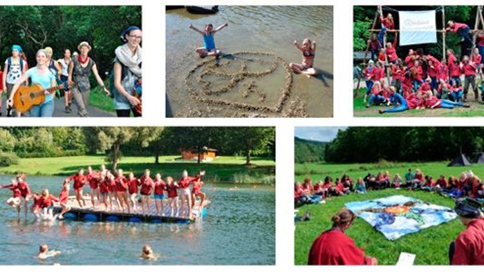 Gruppenaktivitäten im Freien, darunter Wandern, Wasserspiele, Teambuilding und Teamwork-Übungen in der Natur.