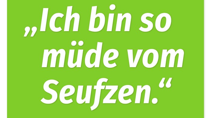 Ein grünes Plakat, das einen Vortrag zum Thema „Überwindung von Erschöpfung und das Finden von Sicherheit“ bewirbt, mit Veranstaltungsdetails am 14. April.