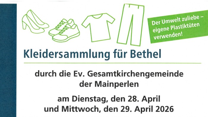 Ankündigung Kleidersammlung für Bethel am 28. und 29. April 2026 in Hainburg und Seligenstadt