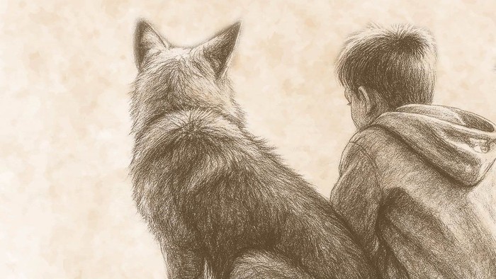 Zeichnung eines Jungen und eines Hundes oder Wolfes nebeneinander von hinten.