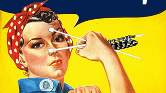 Vintage poster encourages knitting for wartime victory with a determined female worker holding knitting needles.